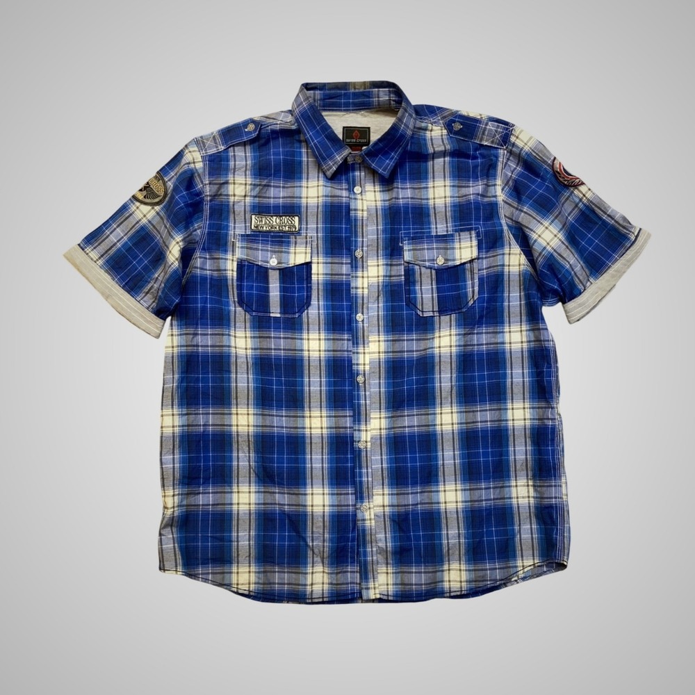 Swiss Cross Plaid‎ Button Down Shirt Mens L Blue Short Sleeve Excellent Patches